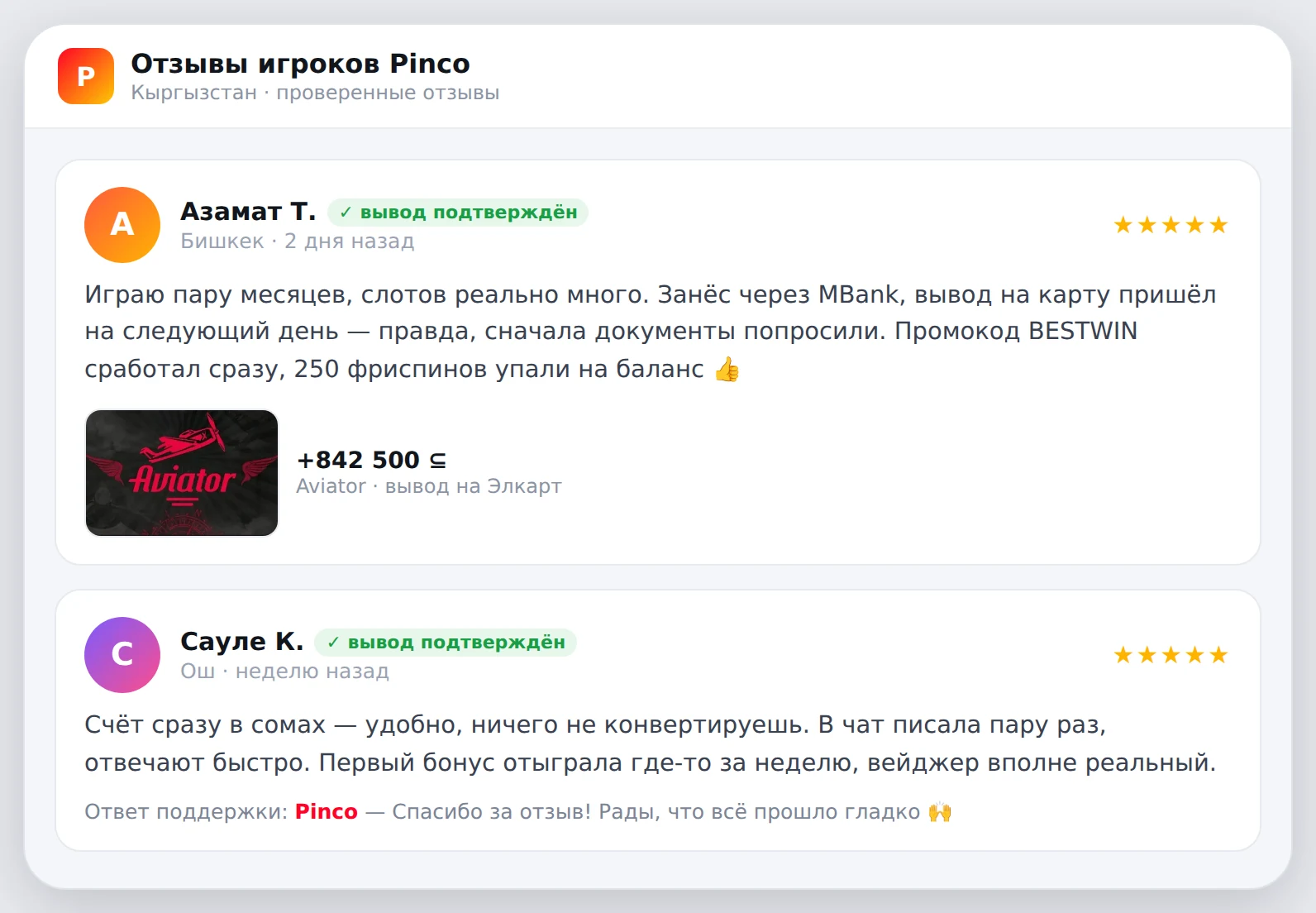 Скриншот отзывов игроков Пинко из Кыргызстана: оценки, промокод BESTWIN и подтверждённые выводы на карту